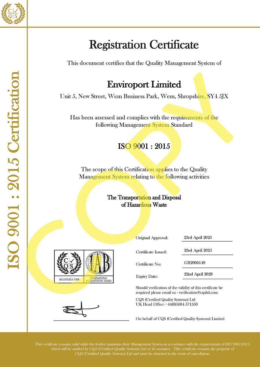 Enviroport ISO 9001 : 2015 Certificate