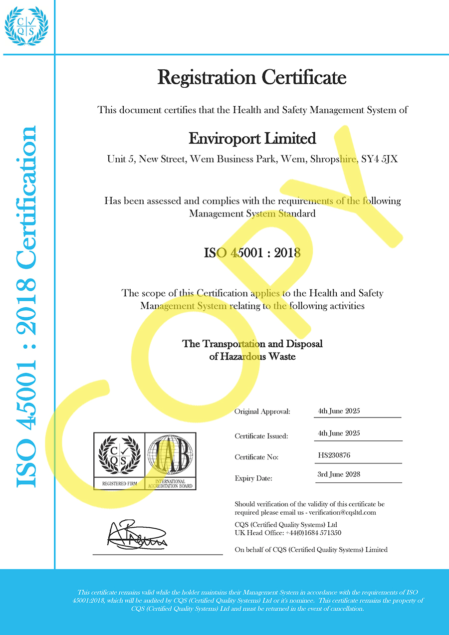 Enviroport Ltd - ISO 45001 Certificate