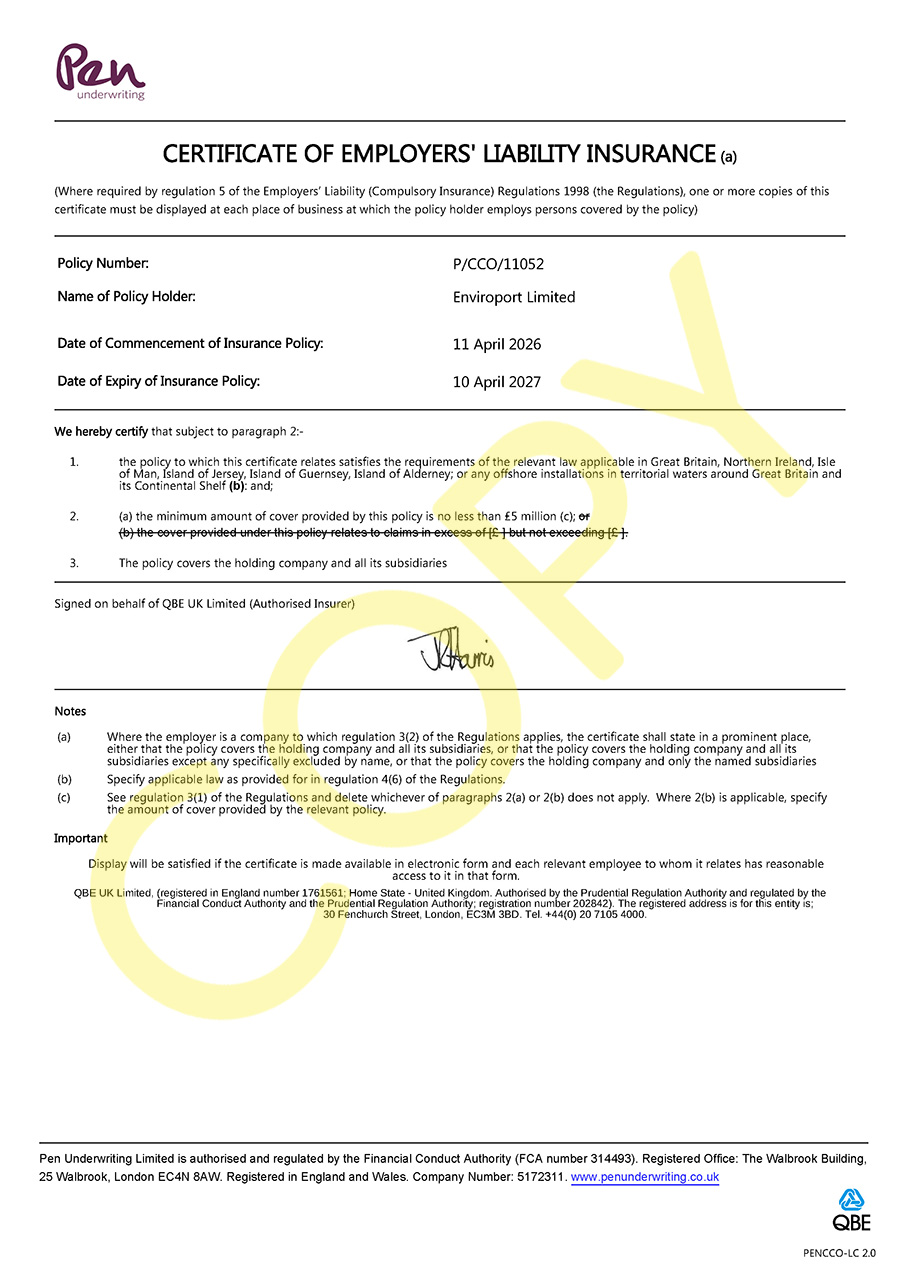 Enviroport Employers Liability Insurance 2026-2027
